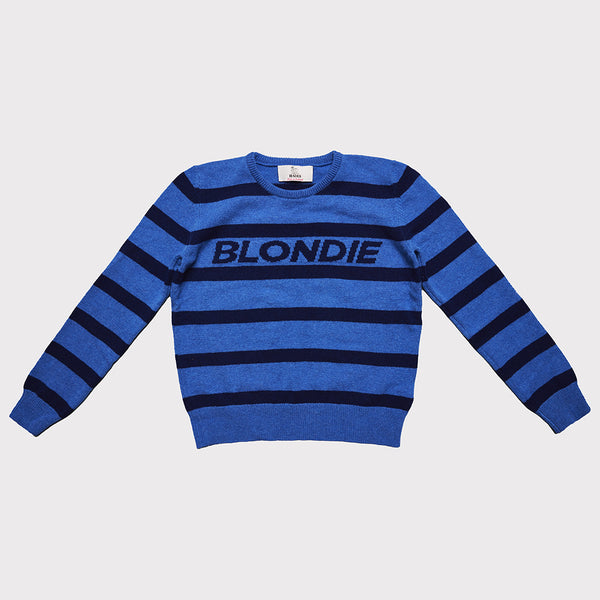Front flat shot of the Blue Striped Blondie jumper