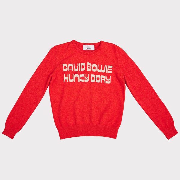 Front flat shot of the orange and oatmeal women's 'Hunky Dory' David Bowie jumper