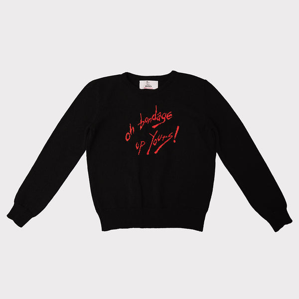 Front flat shot of the black and orange 'Oh Bondage, Up Yours!' jumper