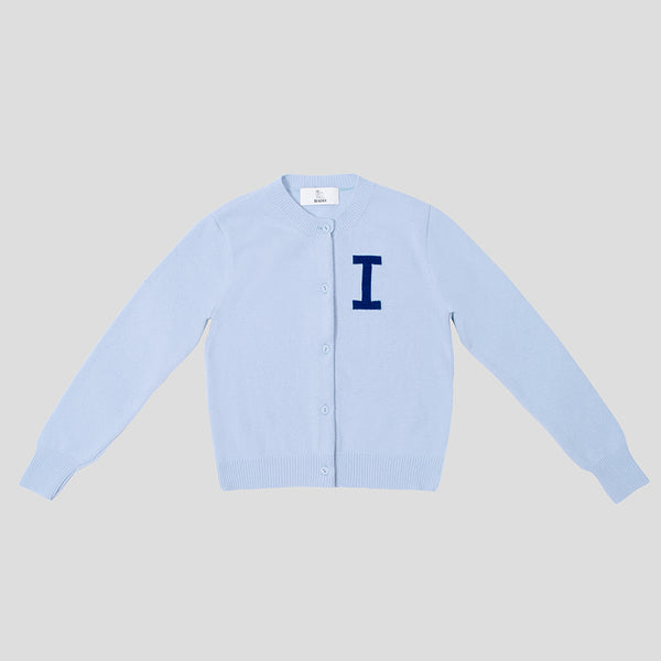 Light blue & navy letter I Alphabet cardigan HADES wool