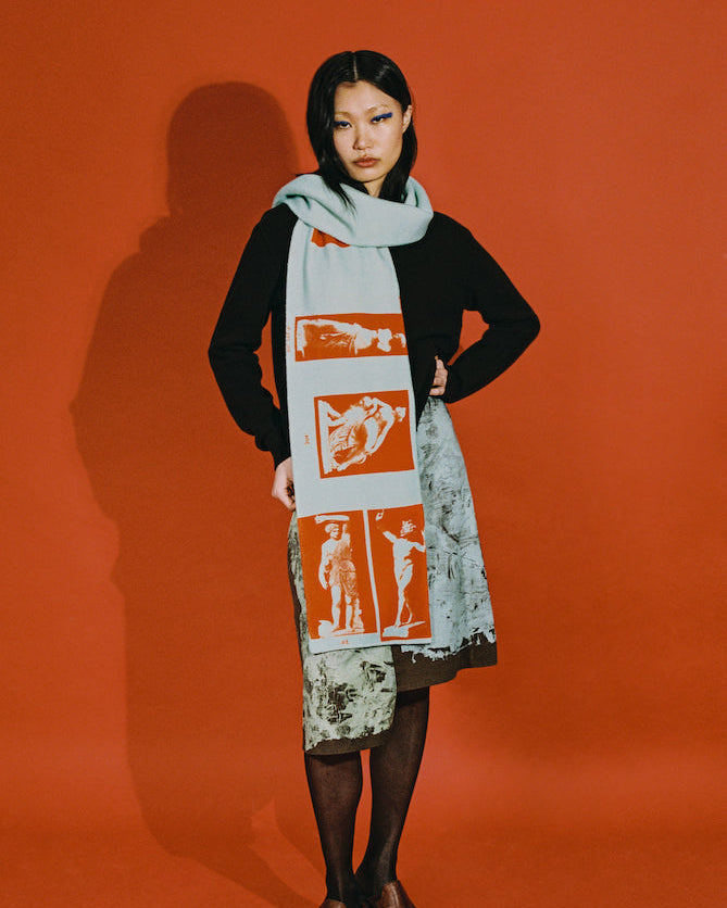 Model wearing the Sartre Skirt with the Narcisuss Scarf