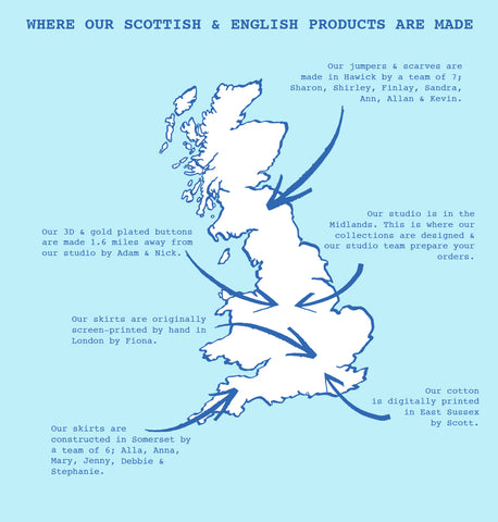 An illustrated map of the UK showing areas of production for HADES products.