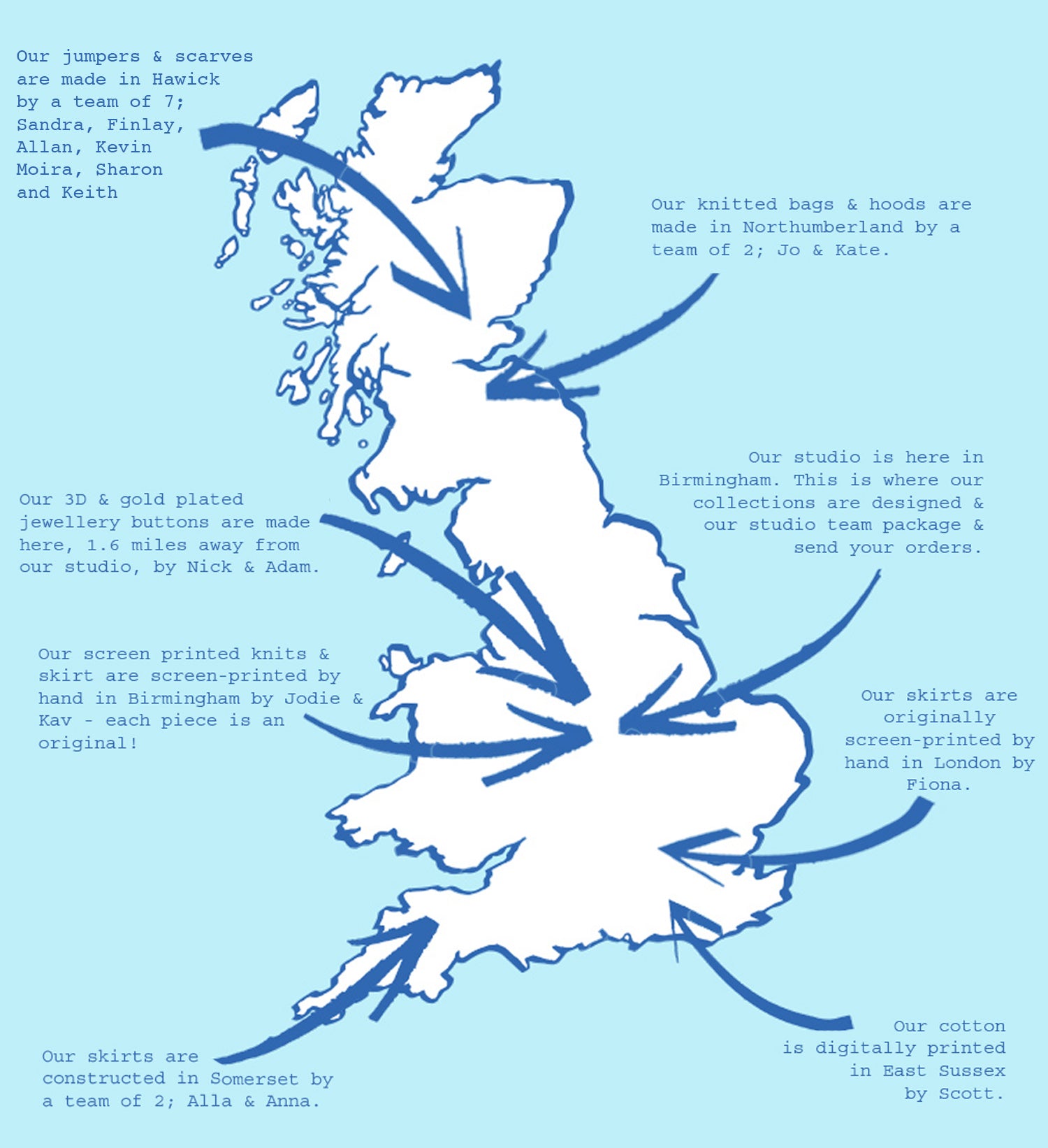 Map of Great Britain showing where HADES makes it jumpers, scarves, bags, skirts and blankets