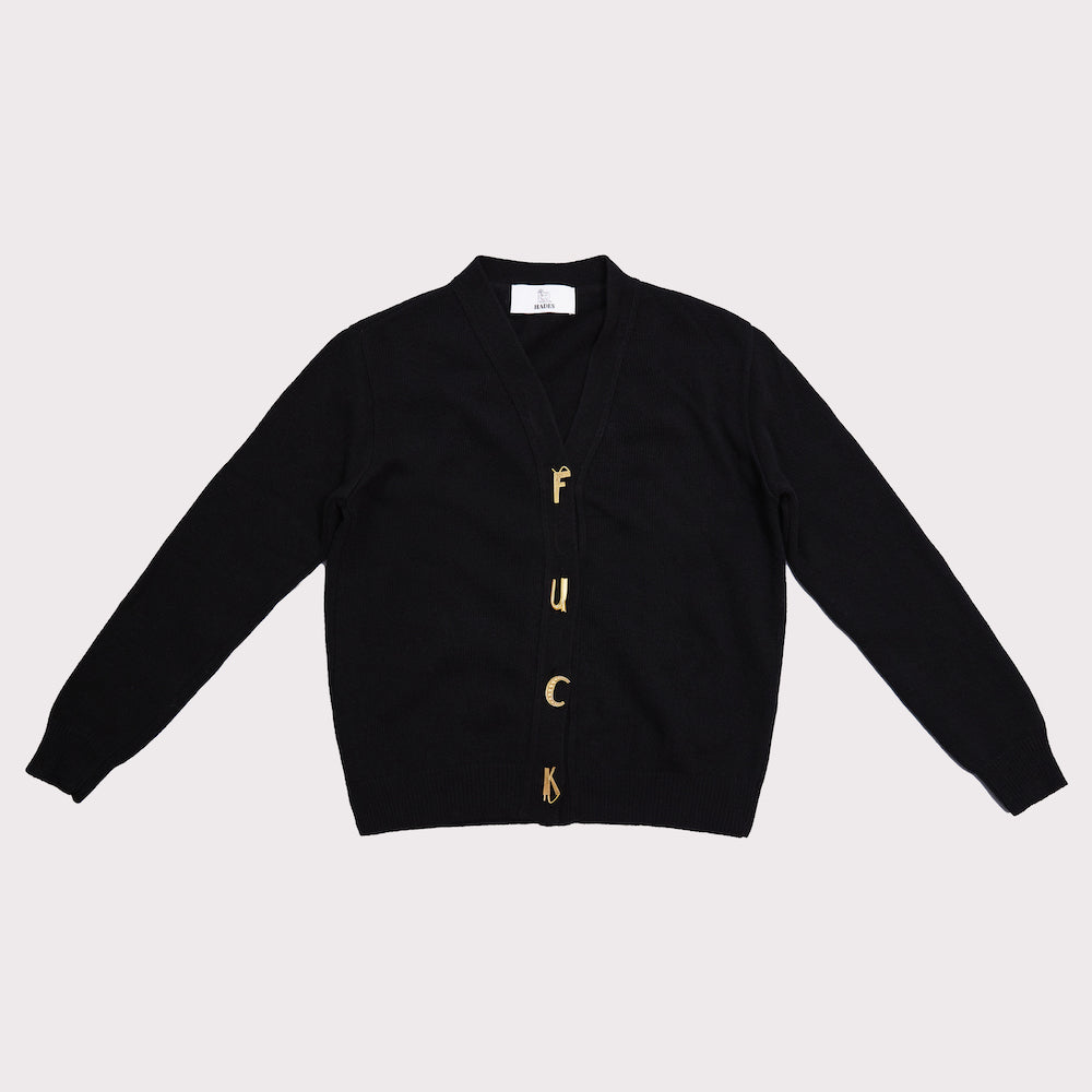 Front flat shot of the black carrington cardigan with gold plated letters spelling FU*K