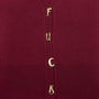 Close-up of a maroon knit cardigan featuring gold-tone letter charms spelling 'F**K' down the centre of the chest.