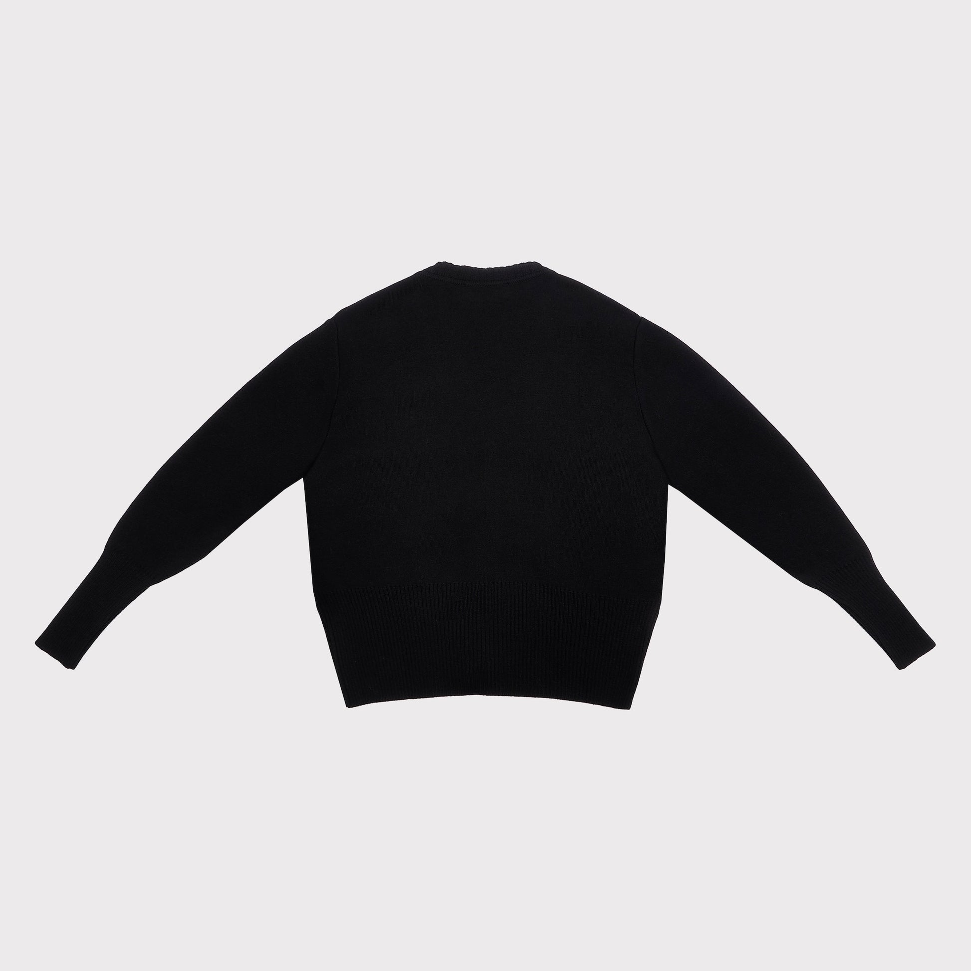 A black long-sleeve knit cardigan shown from the back against a light gray background.
