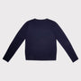 A dark navy blue long-sleeve crewneck top shown from the back, laid flat against a light gray background.