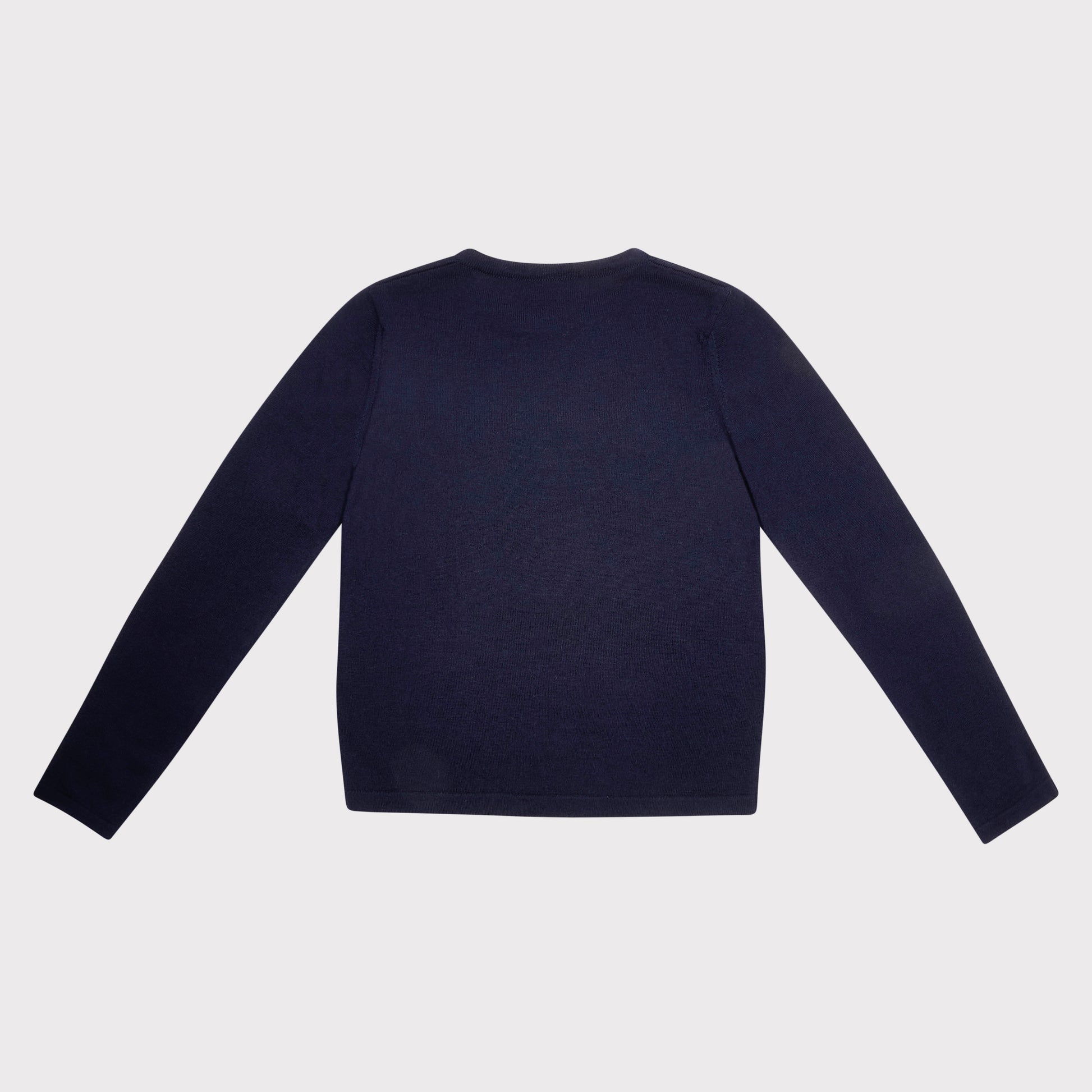 A dark navy blue long-sleeve crewneck top shown from the back, laid flat against a light gray background.