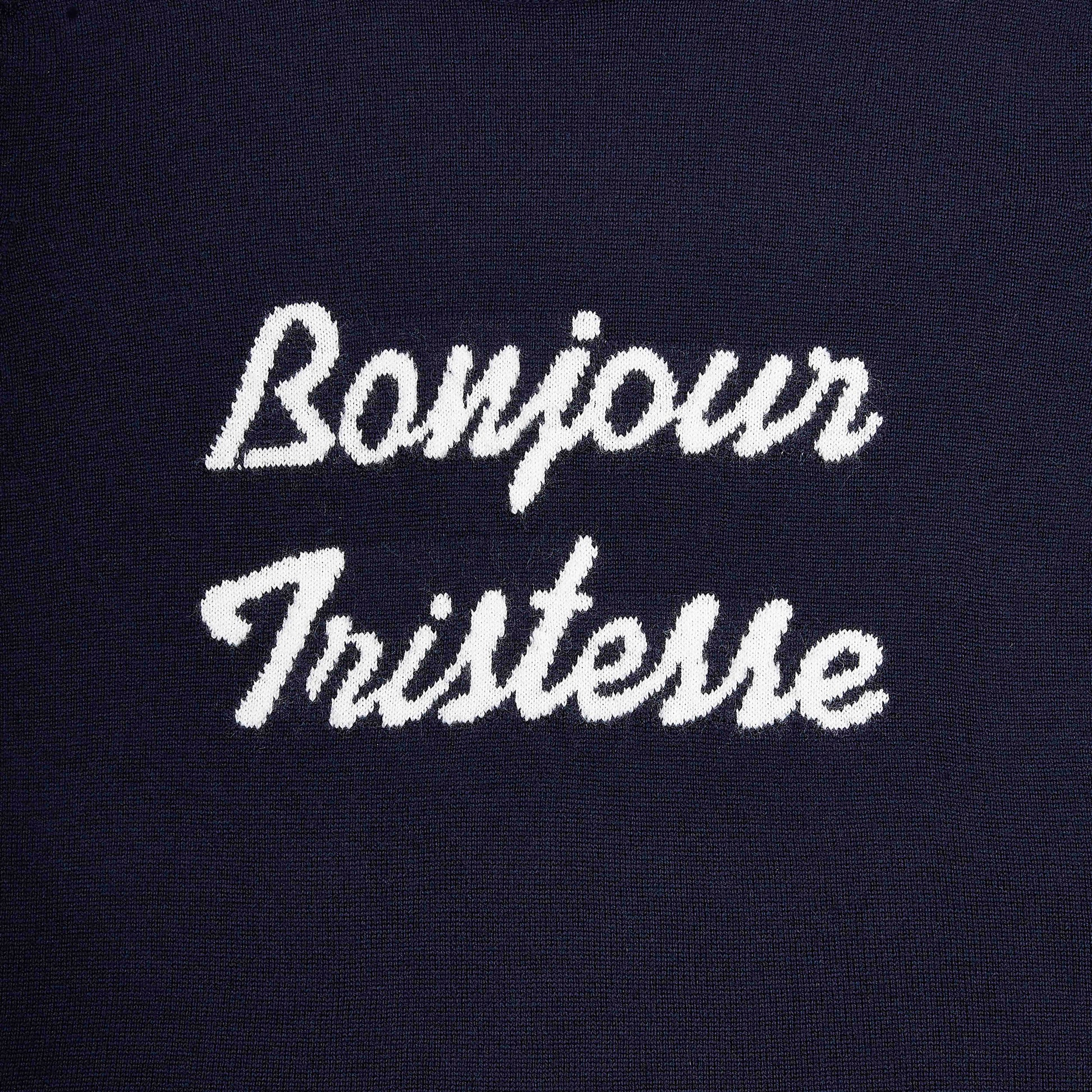 A close up image of  'Bonjour Tristesse' printed in white script.