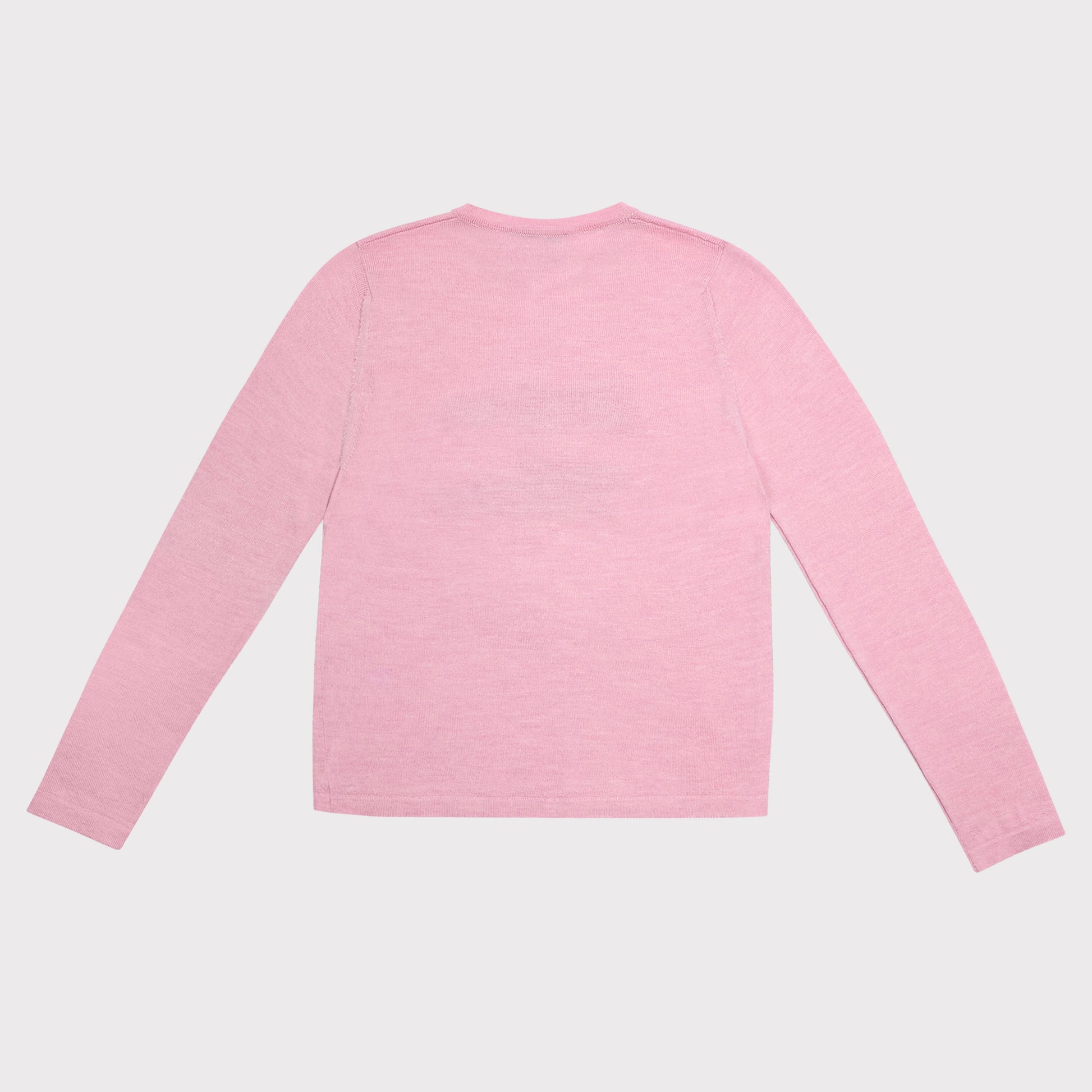 A light pink long-sleeve knit top shown from the back, laid flat against a light gray background.