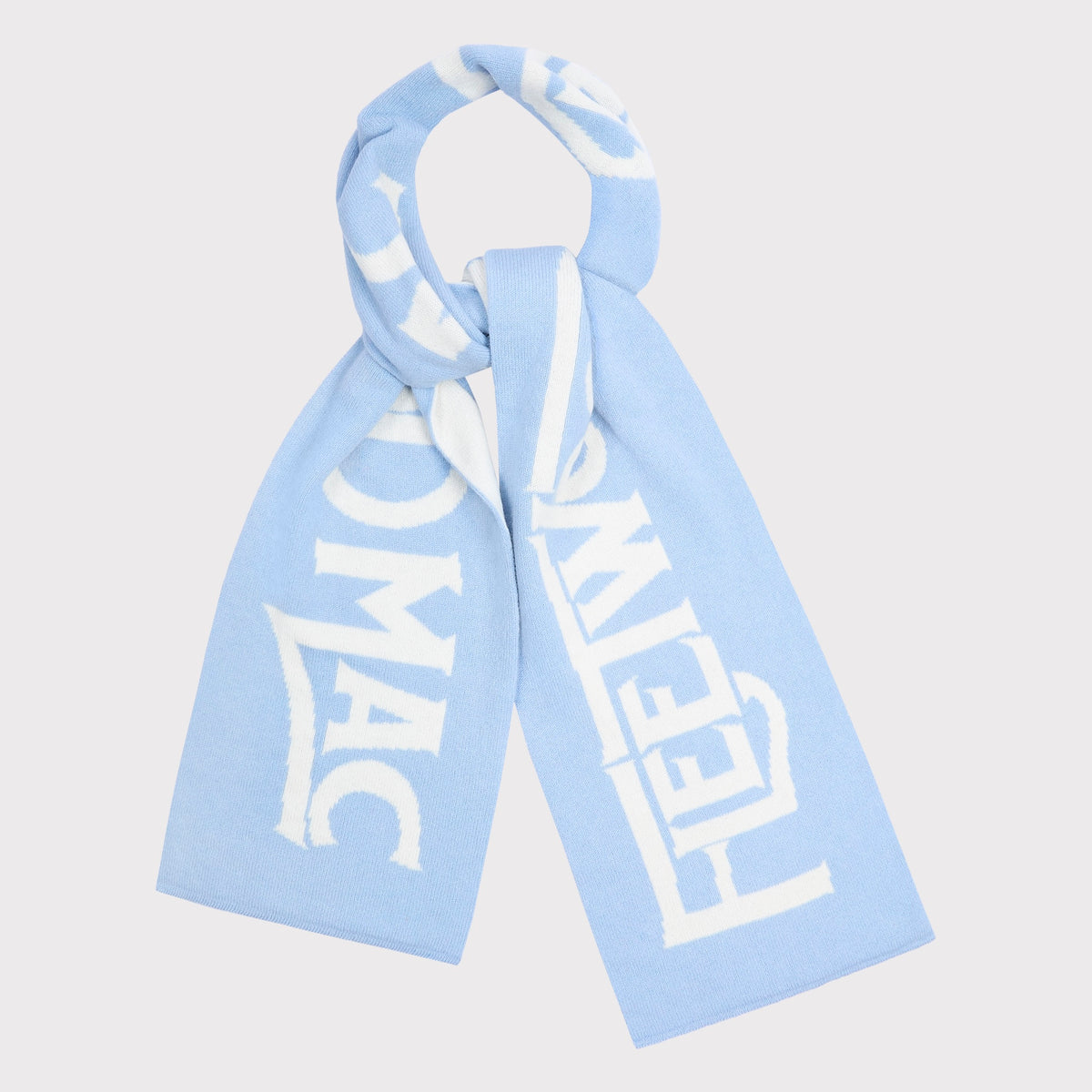 A light blue knit scarf with 'Fleetwood Mac' knitted across. The scarf is shown tied in a loop against a solid light grey background.