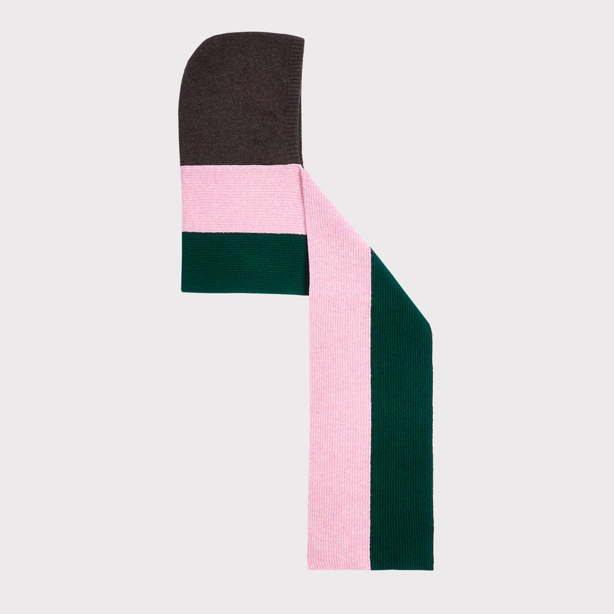 An image of The Forest Green and Pink hooded scarf laid flat on a light grey background. 
