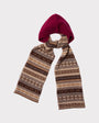 An image of The Berry & Brown Fair Isle hooded scarf tied in a knot on a light grey background. 