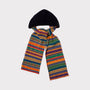 An image of The Navy & Multi-Coloured Fair Isle hooded scarf tied in a knot on a light grey background. 