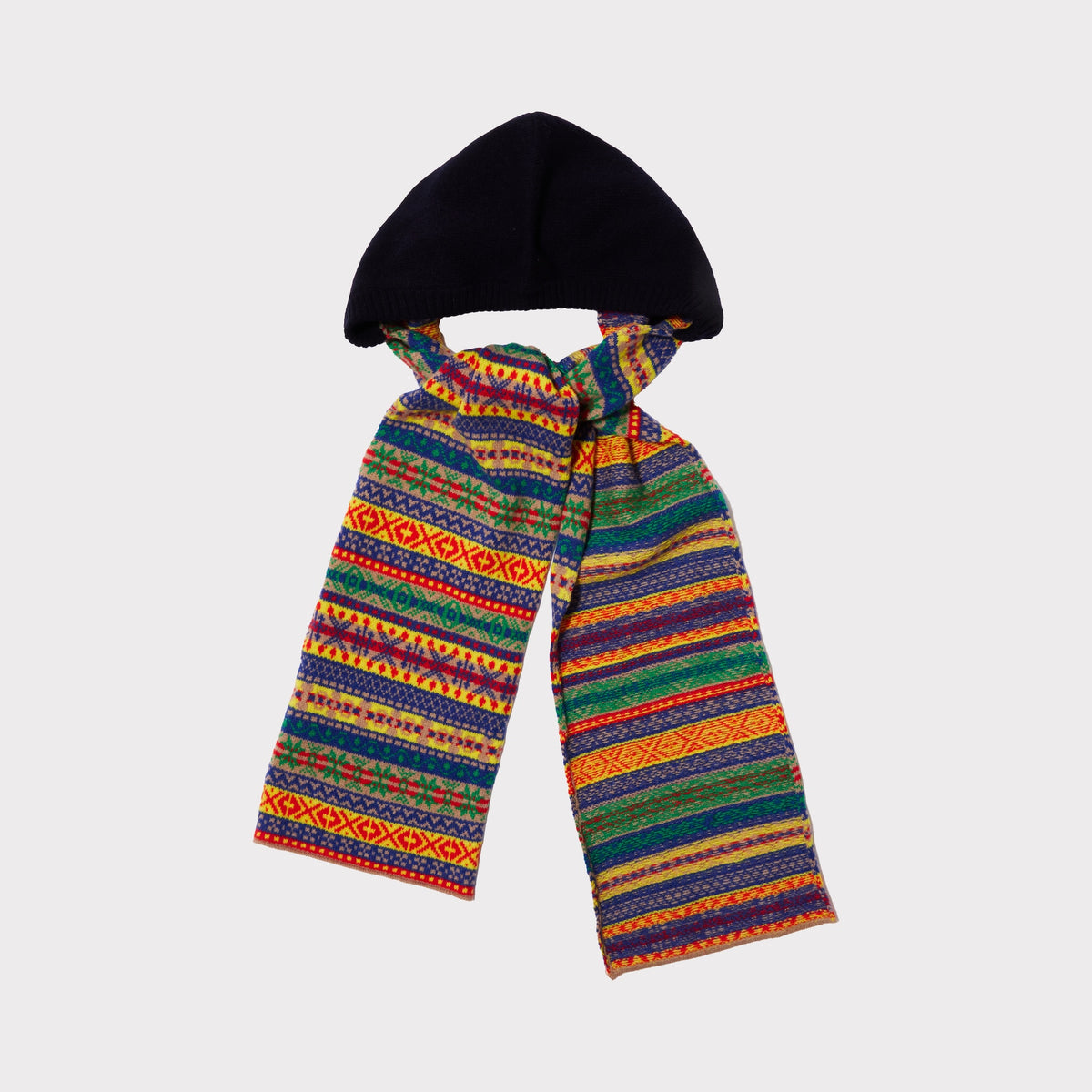 An image of The Navy & Multi-Coloured Fair Isle hooded scarf tied in a knot on a light grey background. 