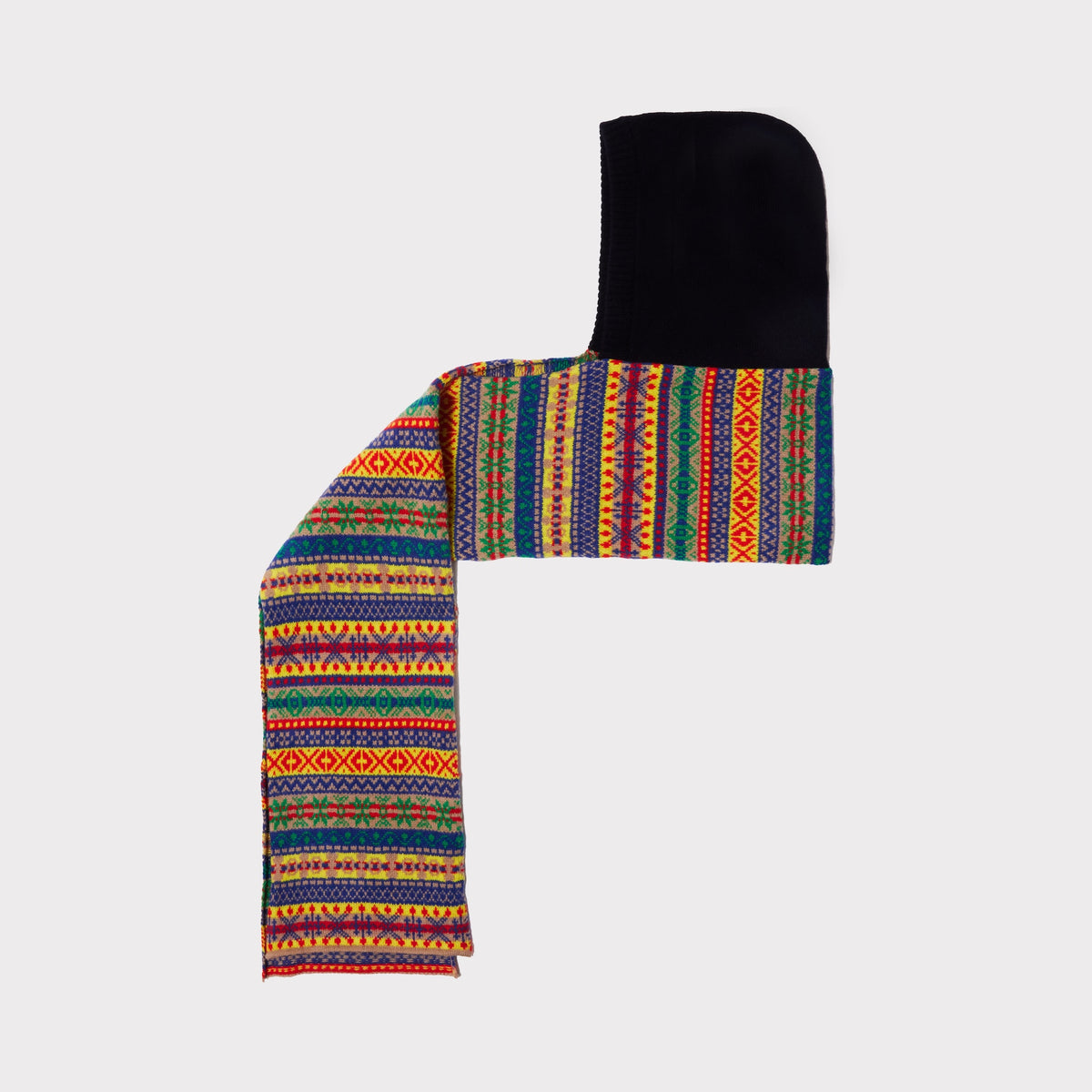 An image of The Navy & Multi-Coloured Fair Isle hooded scarf laid flat on a light grey background. 