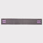 A dark grey knitted scarf featuring a light purple embroidered letter 'R' on each end, displayed against a solid light grey background.