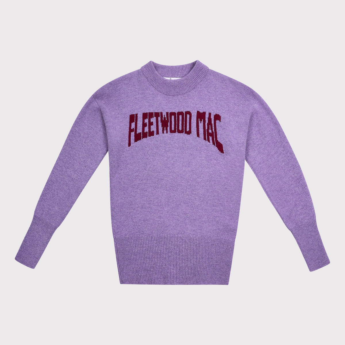 A purple knit with 'FLEETWOOD MAC' arched in dark red  lettering across the chest, displayed on a light grey background.