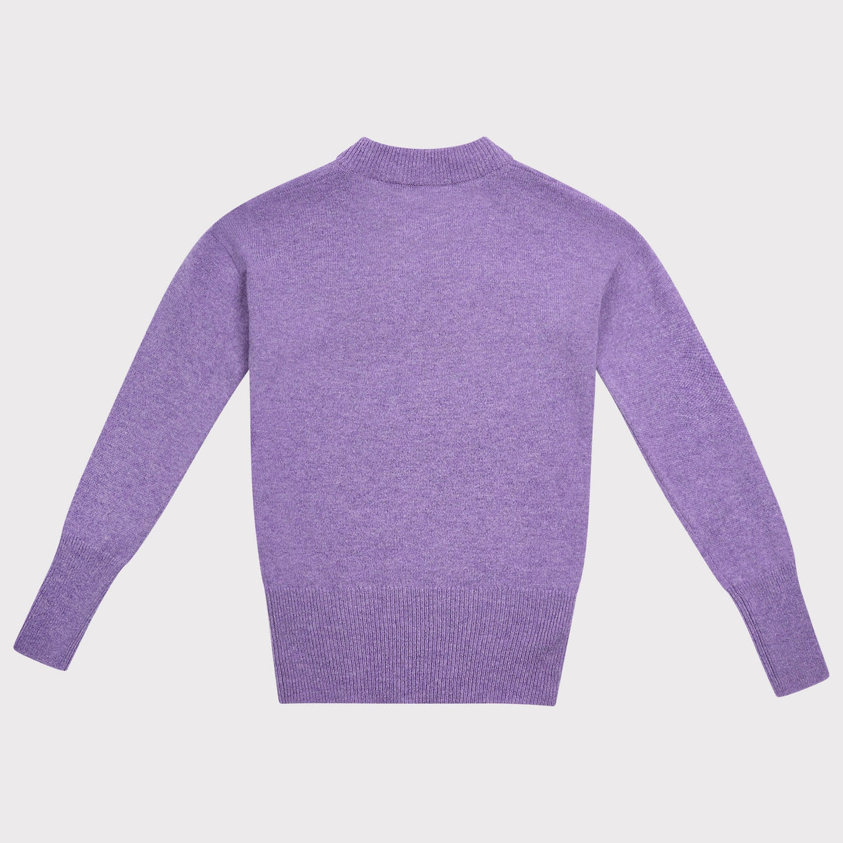 The Albatross light purple knit with long sleeves and a ribbed crew neck, cuffs, and hem, shown from the back on a light grey background.