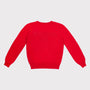 A bright red long-sleeve knit jumper shown from the back on a light grey background. 
