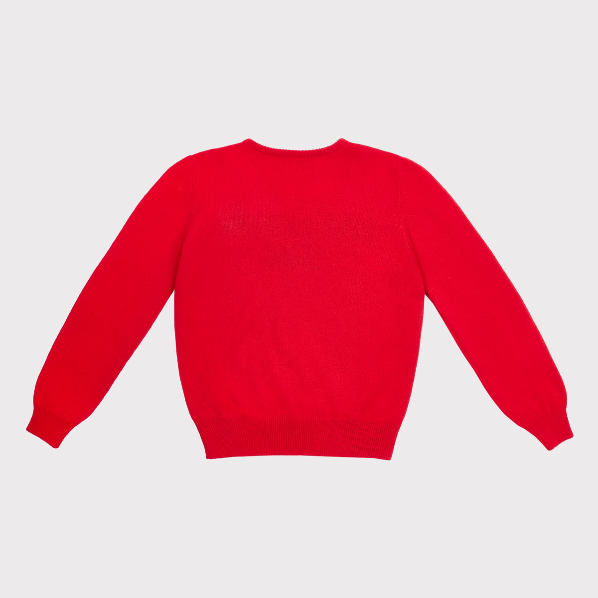 A bright red long-sleeve knit jumper shown from the back on a light grey background. 