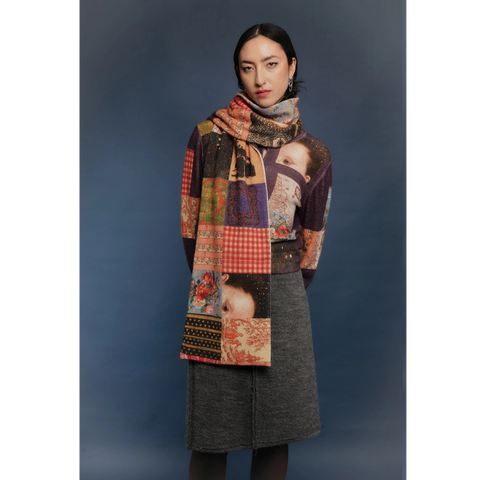 Model wearing the Patchwork scarf from the Afternoon of Life collection
