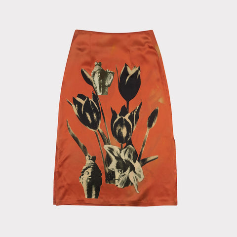 HADES skirt with floral design on a red viscose