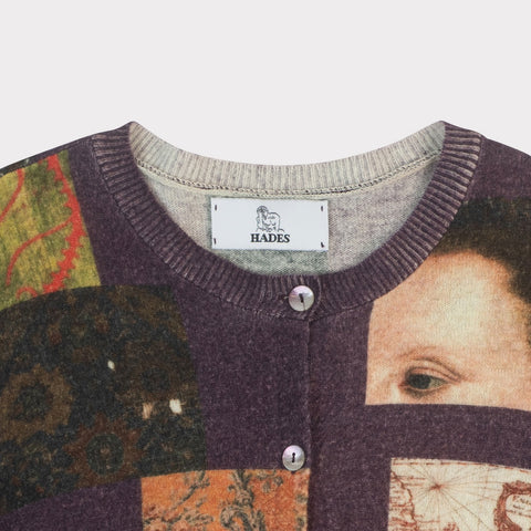 Patchwork cardigan HADES wool close up of necklabel
