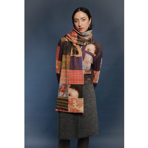 Model wearing the Patchwork scarf from the Afternoon of Life collection