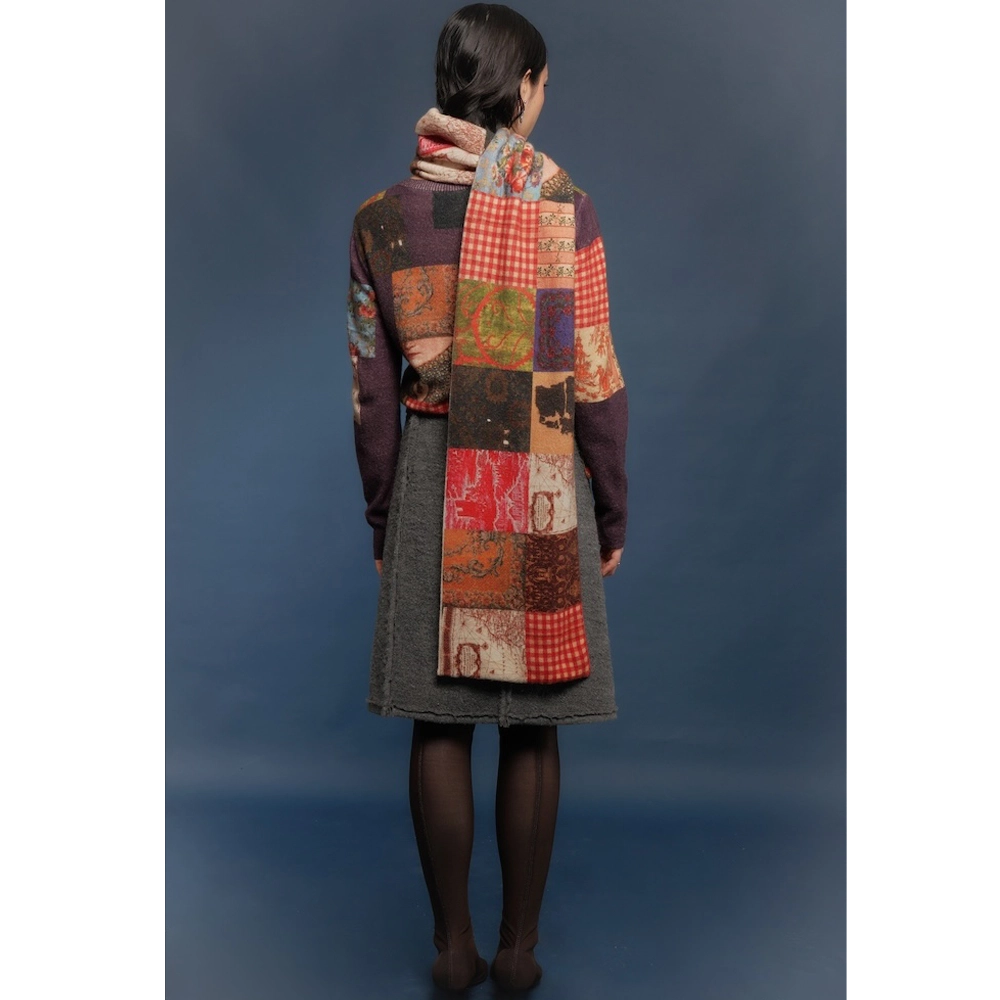 Model wearing the Patchwork scarf from the Afternoon of Life collection
