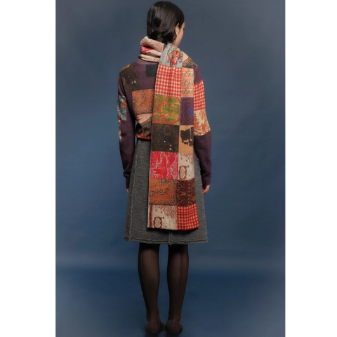 Model wearing the Patchwork scarf from the Afternoon of Life collection