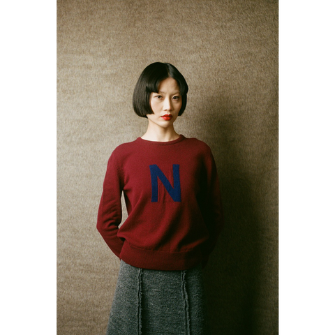 HADES model wearing burgundy jumper with a blue letter 'N' 