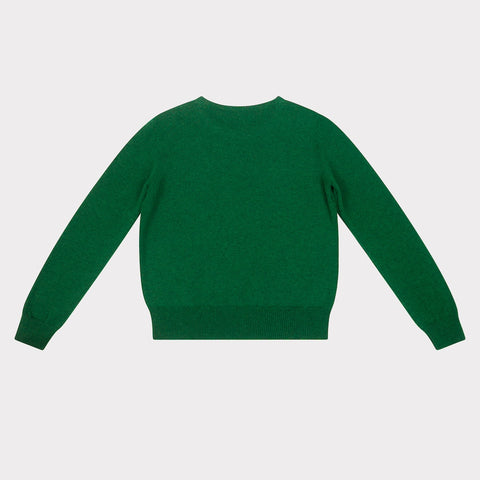 Back of green sweater on a light gray background