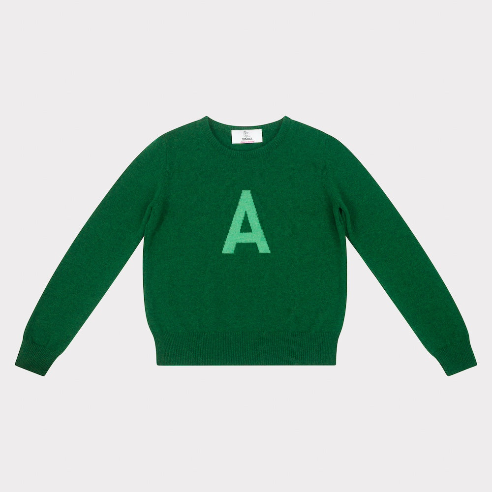  HADES green jumper with a letter 'A' 