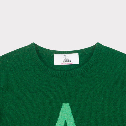  HADES green jumper with a letter 'A' necklabel