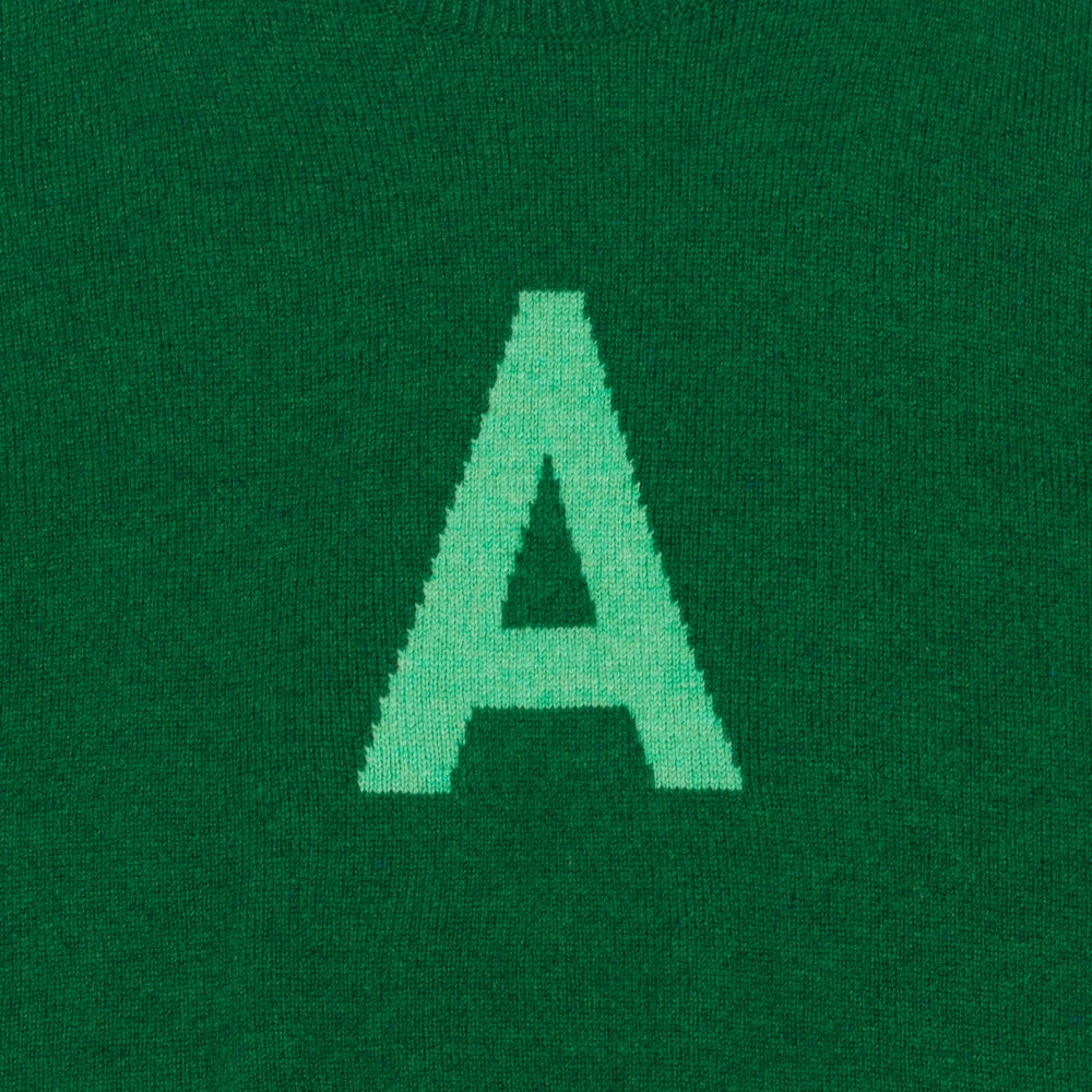  HADES green jumper with a letter 'A' detail shot