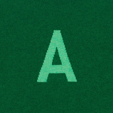  HADES green jumper with a letter 'A' detail shot