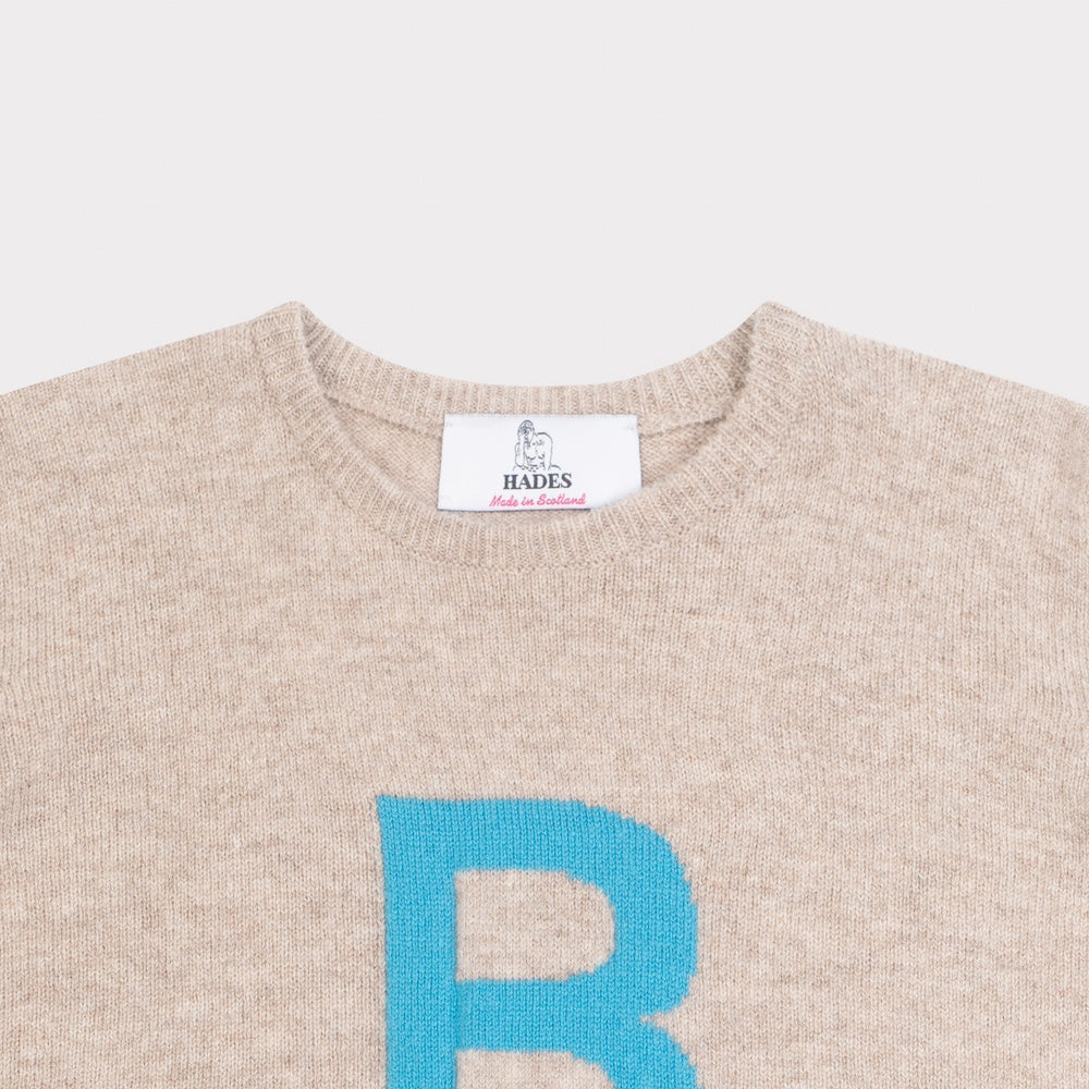 HADES grey knit with a blue letter 'B' necklabel