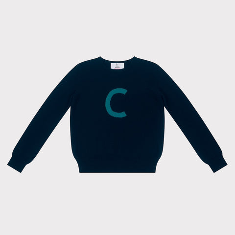 HADES Navy blue knit  with a turquoise letter 'C' 