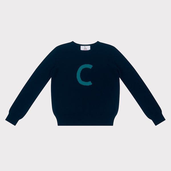 HADES Navy blue knit  with a turquoise letter 'C' 