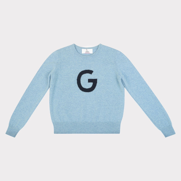 HADES light blue sweater with a navy 'G' 