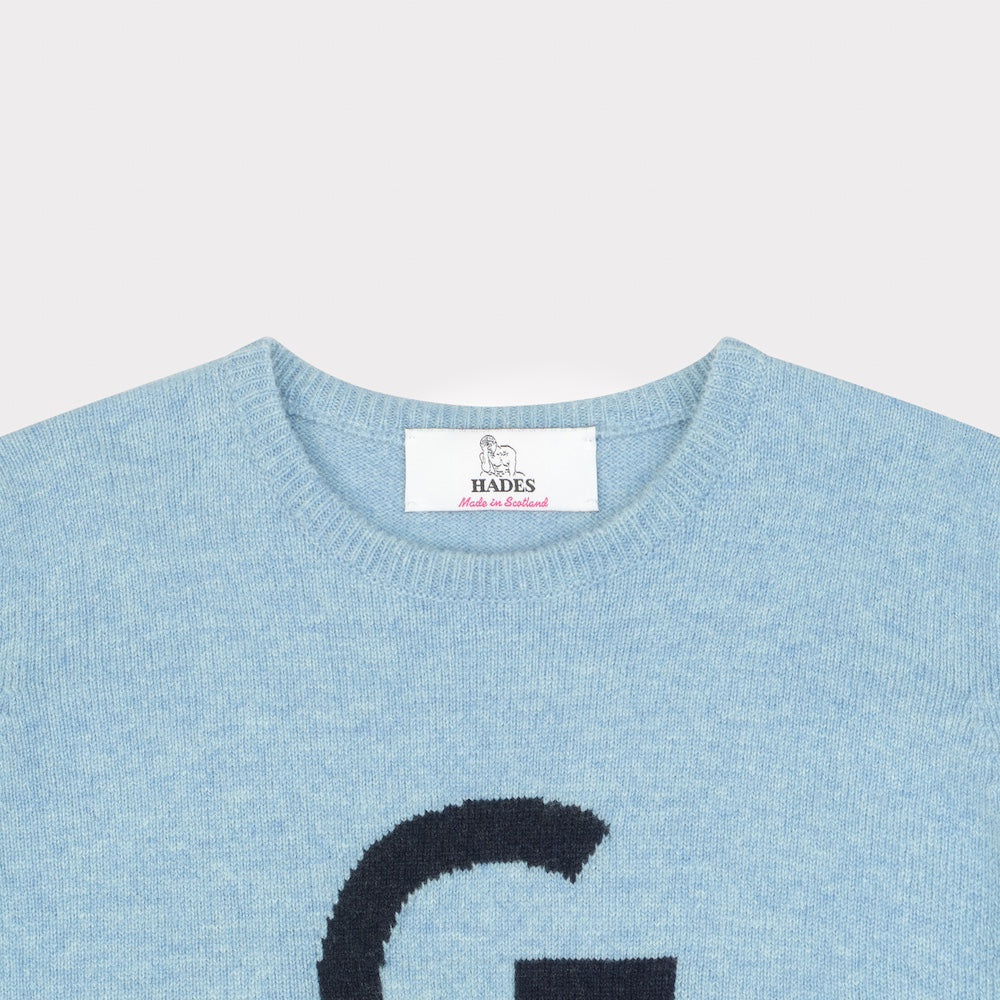 HADES light blue sweater with a navy 'G' necklabel