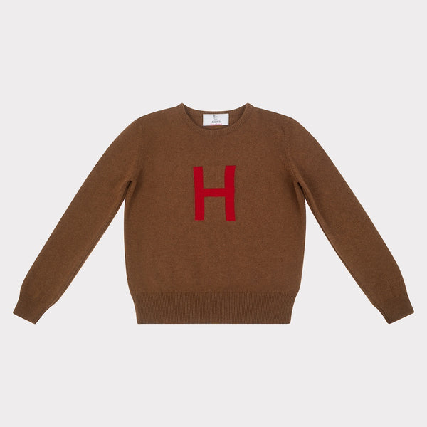 HADES brown jumper with a red letter 'H' 