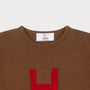 HADES brown jumper with a red letter 'H' necklabel