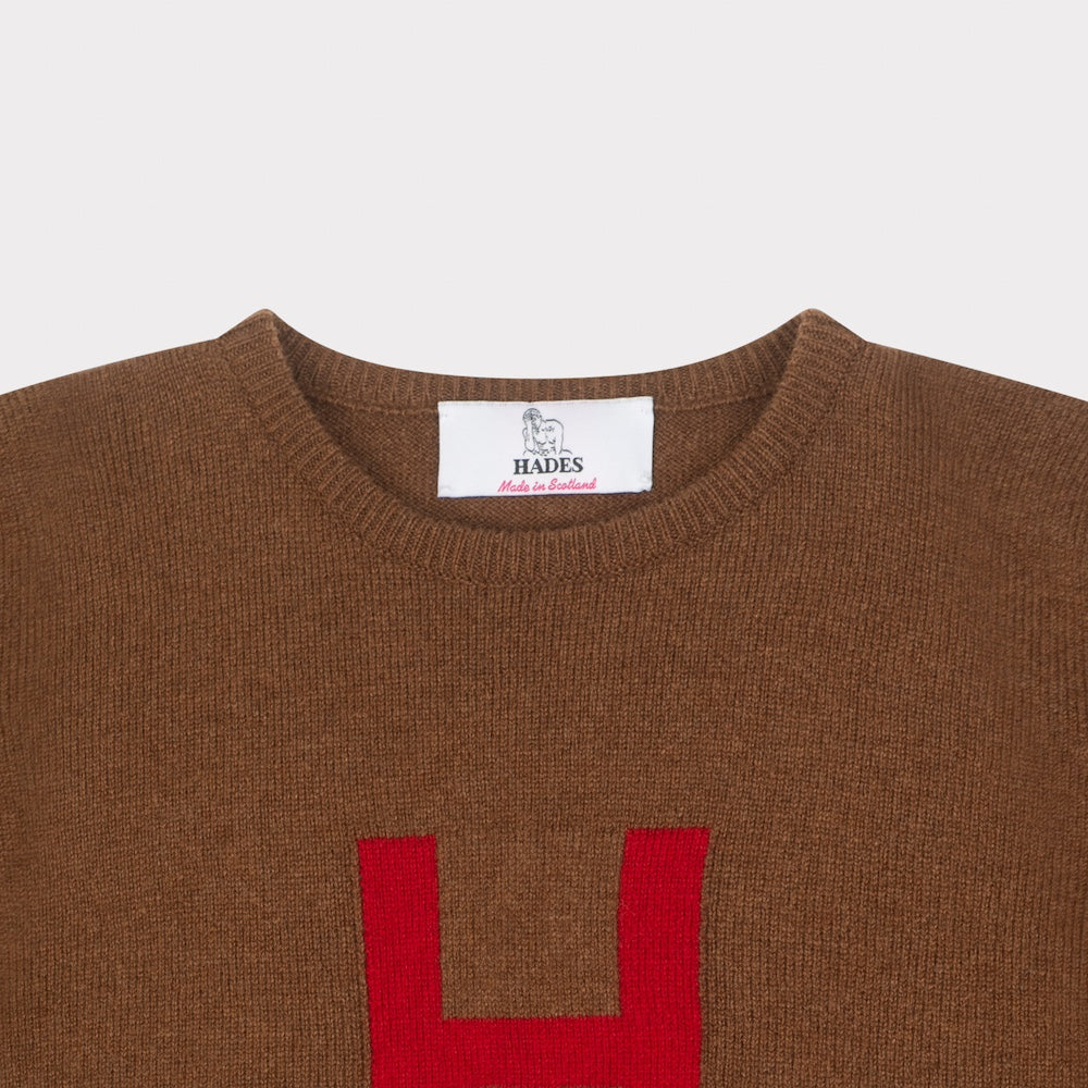 HADES brown jumper with a red letter 'H' necklabel