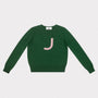 HADES green jumper with a pink letter 'J' 