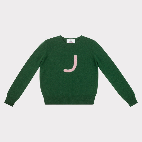 HADES green jumper with a pink letter 'J' 
