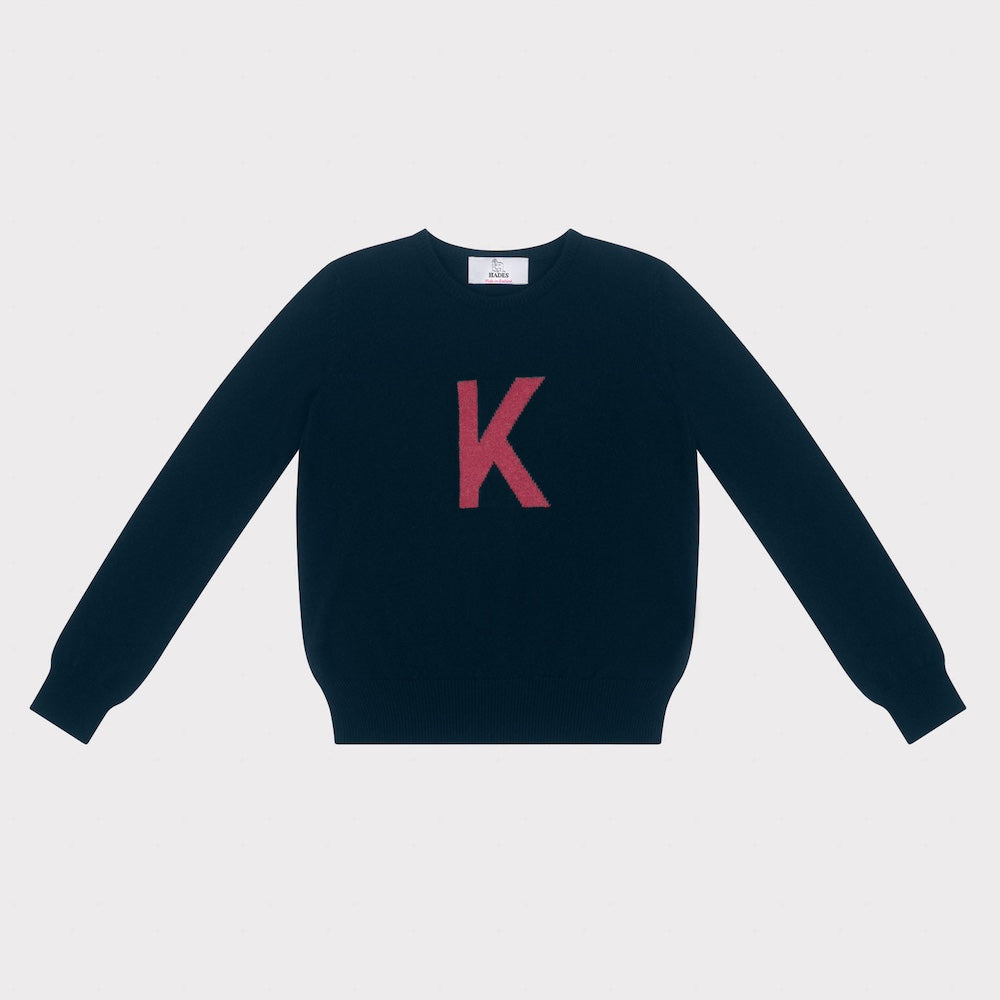 HADES navy sweater with a red letter 'K' 