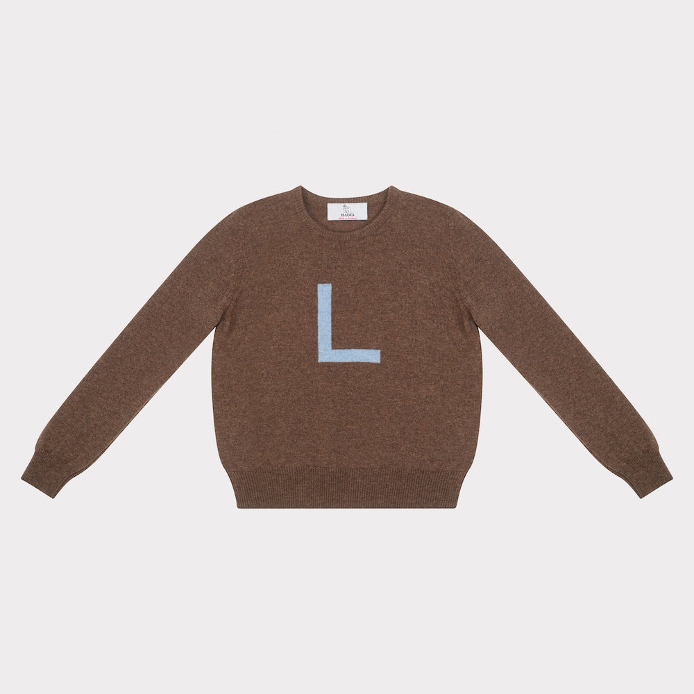 HADES Brown jumper with a blue letter 'L' 
