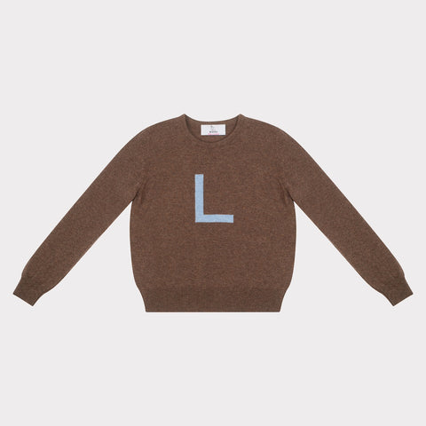 HADES Brown jumper with a blue letter 'L' 